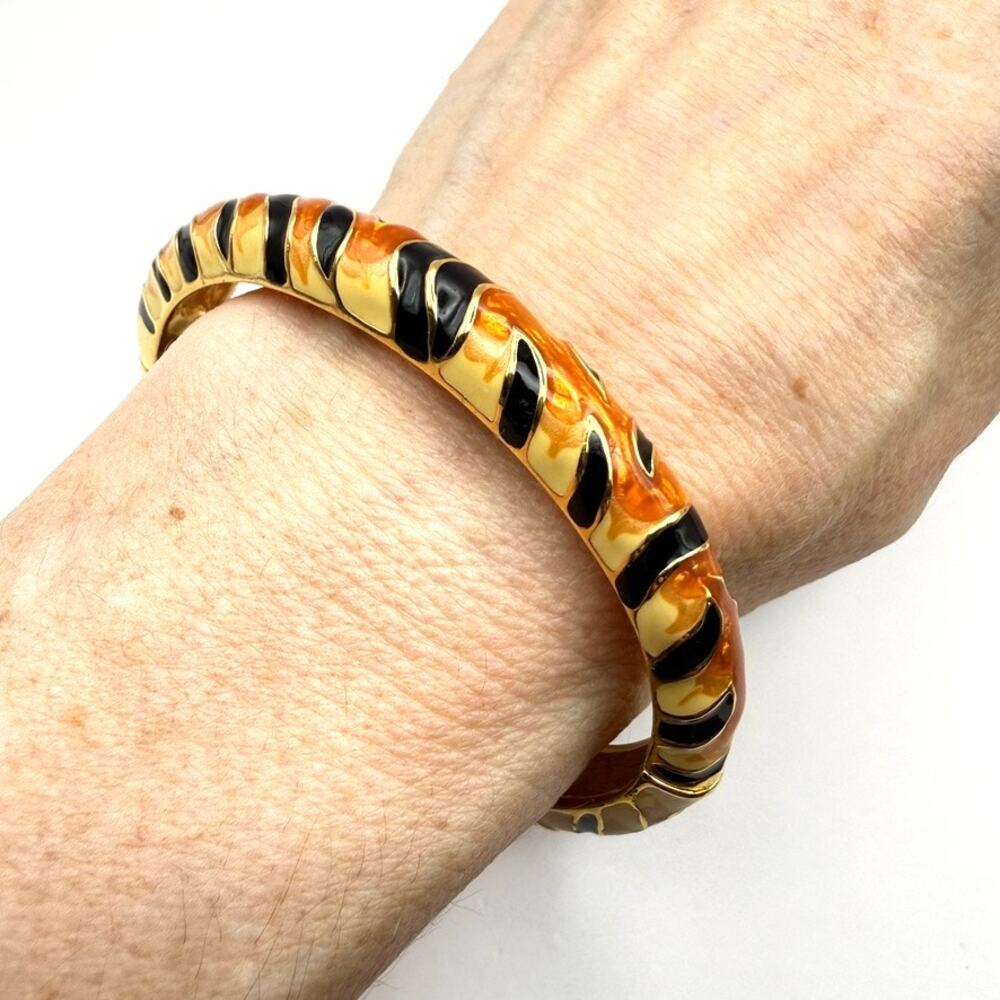 Kenneth Jay Lane KJL Bangle Bracelet Tiger Enamel Hinged Animal Gold Tone 2006